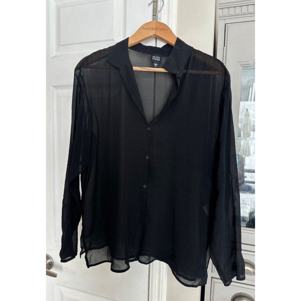 Eileen Fisher Women's M Black Sheer Silk Blend Blouse Whimsigoth Career